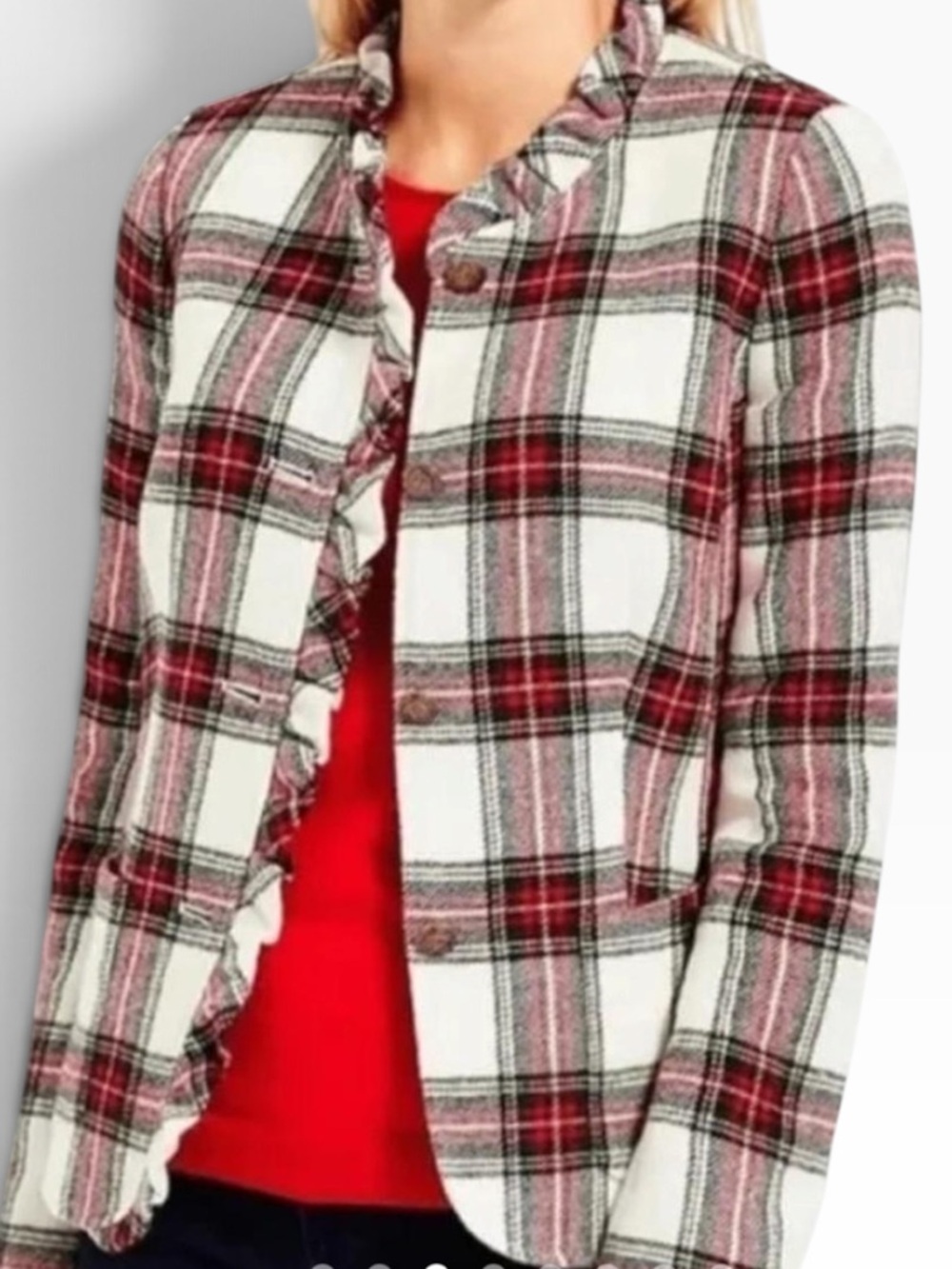 Talbots Cream/Red/Black Tartan Plaid Ruffle-Trim Button Front Blazer 12